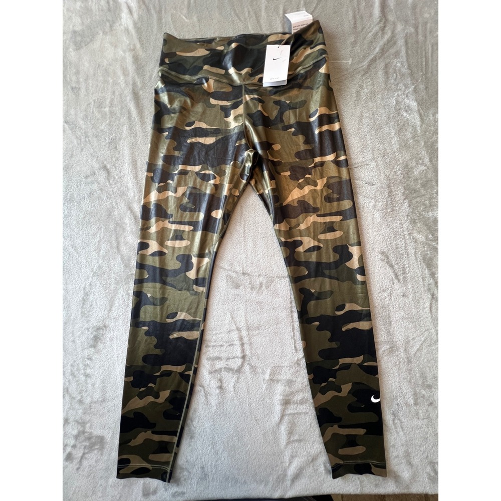 Nike One Training Leggings Womens L Green Camo Mid Rise Tight Fit